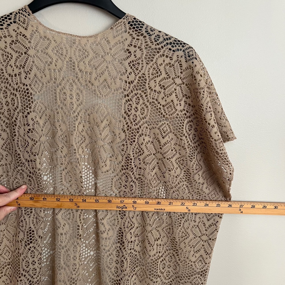 Womens Tan Lace Crochet Fringe Kimono Wrap Open Front Boho Cover Up OS - Picture 4 of 5